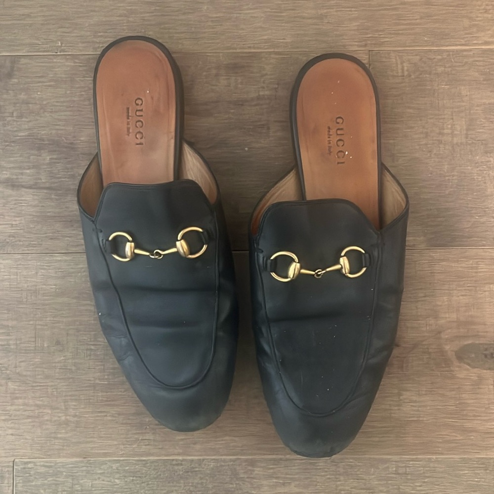 Gucci black leather horsebit mules